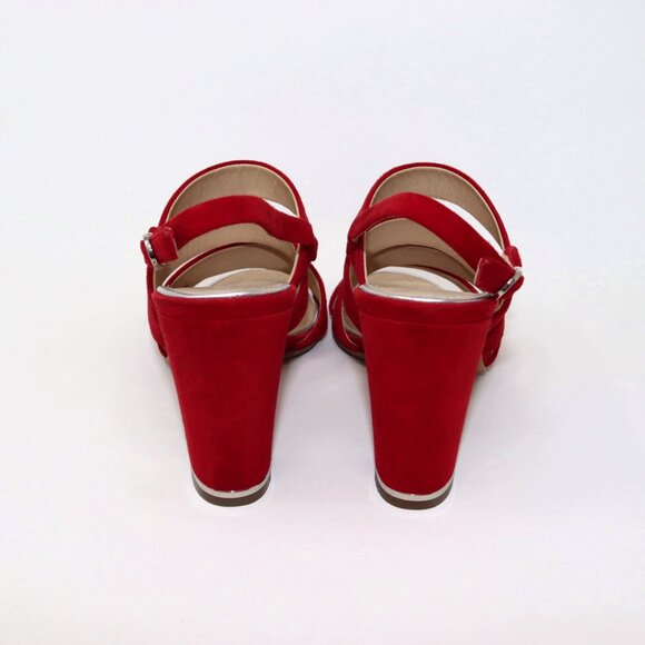 CHANEL 38 Red Suede Multi Strap CC Sandal High Heel Silver Logo & Trim - Picture 4 of 15